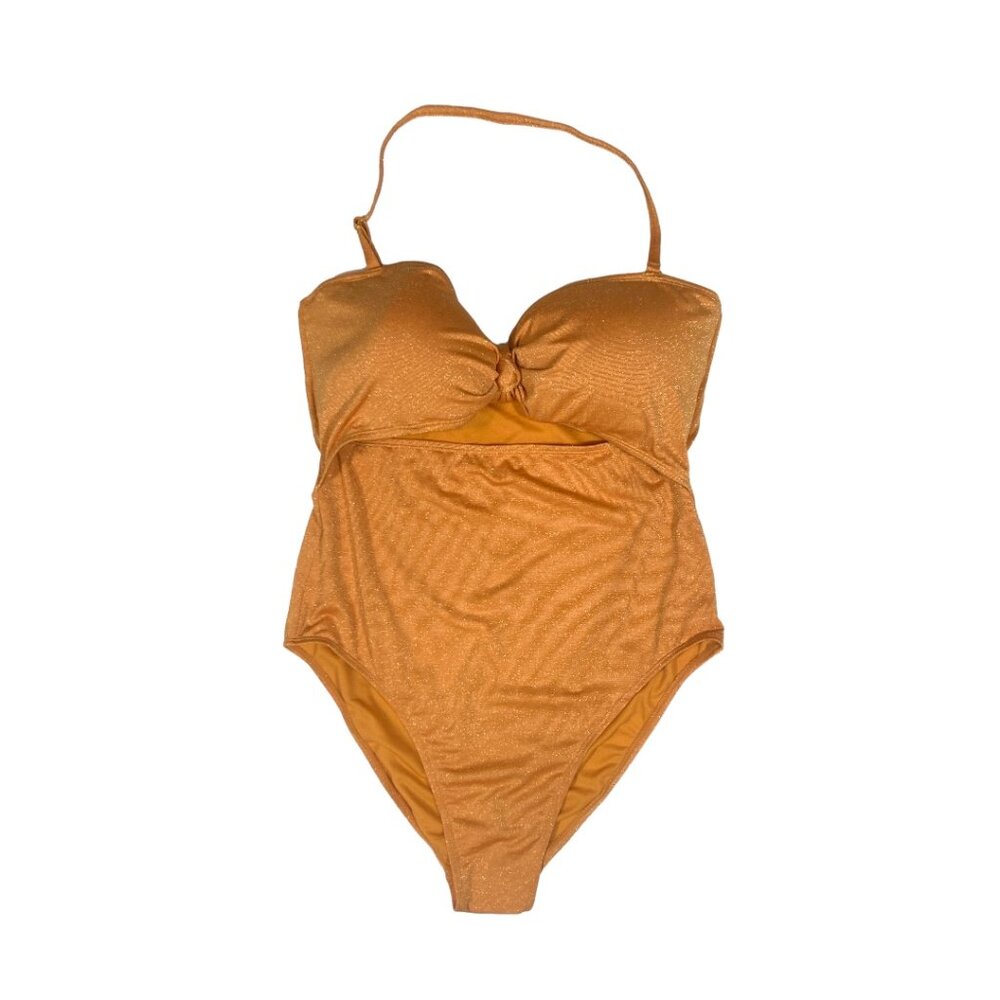 BCBG Paris Knotted Bandeau Adjustable Strap 1PC Swimsuit Shimmer Gold XXL New - Picture 2 of 7